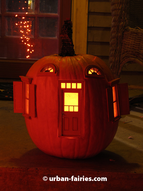 Urban Fairies, fairy doors, fairy door, Pumpkin, Jack-o-lantern, Halloween, fairy pumpkin cottage