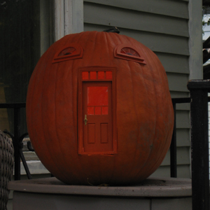 Urban Fairies, fairy doors, fairy door, Pumpkin, Jack-o-lantern, Halloween, fairy pumpkin cottage